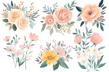 Set of watercolor floral bouquets, pastel color illustration vector isolated on white background
