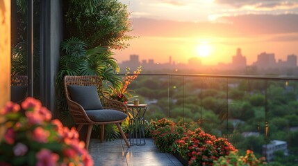 Enjoy a peaceful moment on a charming balcony adorned with vibrant flowers as the sun sets, casting a warm glow over the city skyline