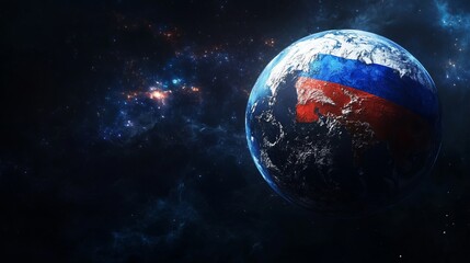 The globe displays the Russian flag colors, floating in the vastness of space, creating a striking contrast against the sparkling stars