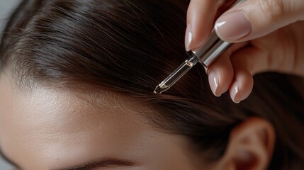 Woman applying a drop of hair serum to her scalp for hair care