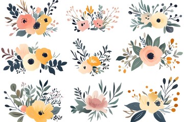Set of watercolor floral bouquets, pastel color illustration vector isolated on white background