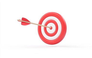 White arrow hit the center of the red target 3d icon cartoon style floating isolated on white background