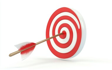 White arrow hit the center of the red target 3d icon cartoon style floating isolated on white background