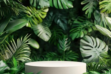 Product podium with leaves and green plants background with generative ai