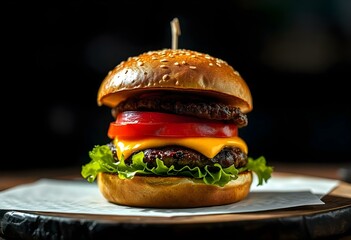 juicy burger with meat, cheese and herbs