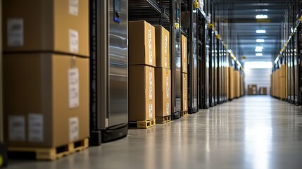 Warehouse aisle with stacked boxes on pallets in a logistics facility