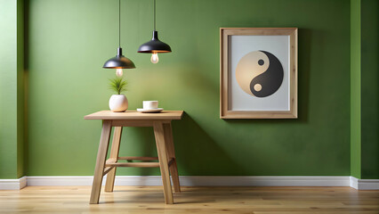 Framed yin yang symbol above oak desk in front of green walls with pendant light and stool, Yin yang