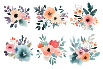 Set of watercolor flower bouquets, clipart isolated on a white background, in pastel colors,