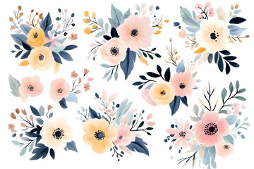 Set of watercolor flower bouquets, clipart isolated on a white background, in pastel colors,