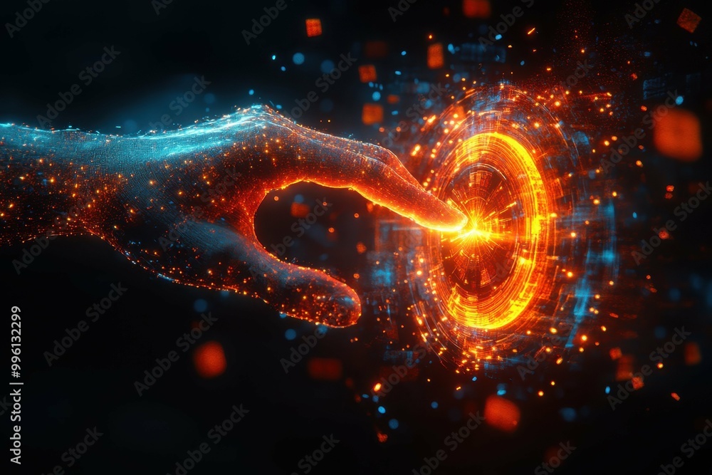 Aufkleber a glowing hand hovering over a large button representing the power of decision in executing orders.