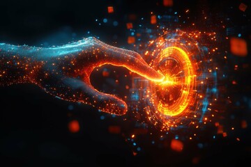 A glowing hand hovering over a large button representing the power of decision in executing orders.