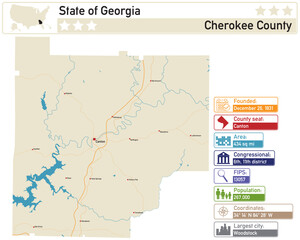 Obraz premium Detailed infographic and map of Cherokee County in Georgia USA.