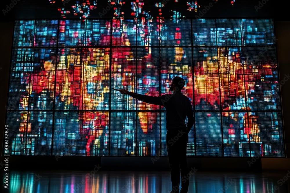 Poster a person standing in front of a large map pointing decisively symbolizing strategic planning and exe