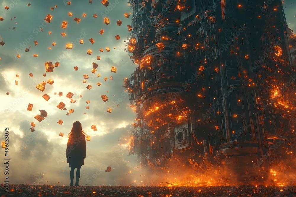 Aufkleber a person standing before a large intricate machine symbolizing the complexity and impact of executiv