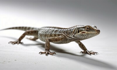 A lizard is on a white surface, looking at the camera