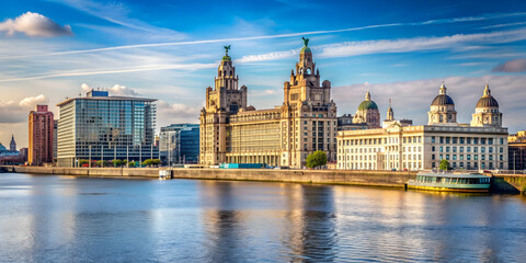 Fototapeta premium Architectural landscape along the River Mersey in Liverpool, UK , River Mersey, Liverpool, United Kingdom
