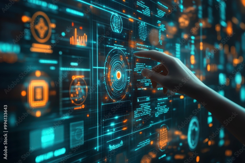 Aufkleber a digital interface with a hand hovering over a virtual button symbolizing the automation and author