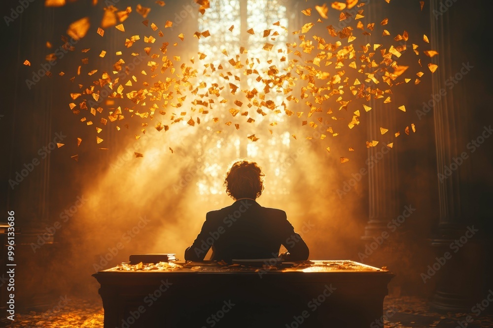 Poster a person standing behind a desk leaning forward with intensity symbolizing a firm stance on an execu