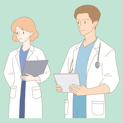 Young medical students in uniform with stethoscopes, holding digital tablet, focus on something or someone. Hand drawn flat cartoon character vector illustration.