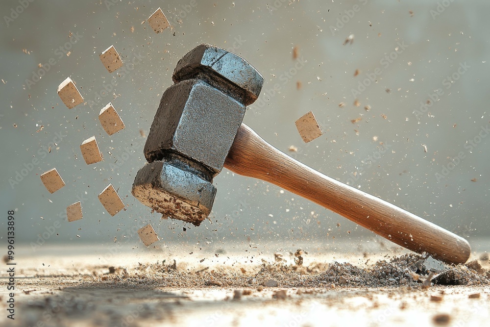 Aufkleber a stylized image of a hammer striking down symbolizing the execution and enforcement of an order.