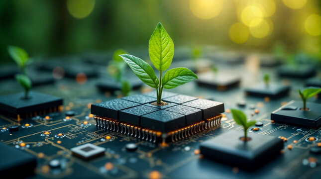 Germogli che crescono su microchip, simbolo di tecnologia sostenibile