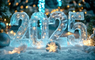 "2025" crafted from large ice blocks, each digit has intricate frosty carvings and is illuminated by soft blue and white holiday lights. 