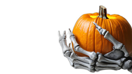 A skeleton hand holding a glowing pumpkin isolated on a plain white background