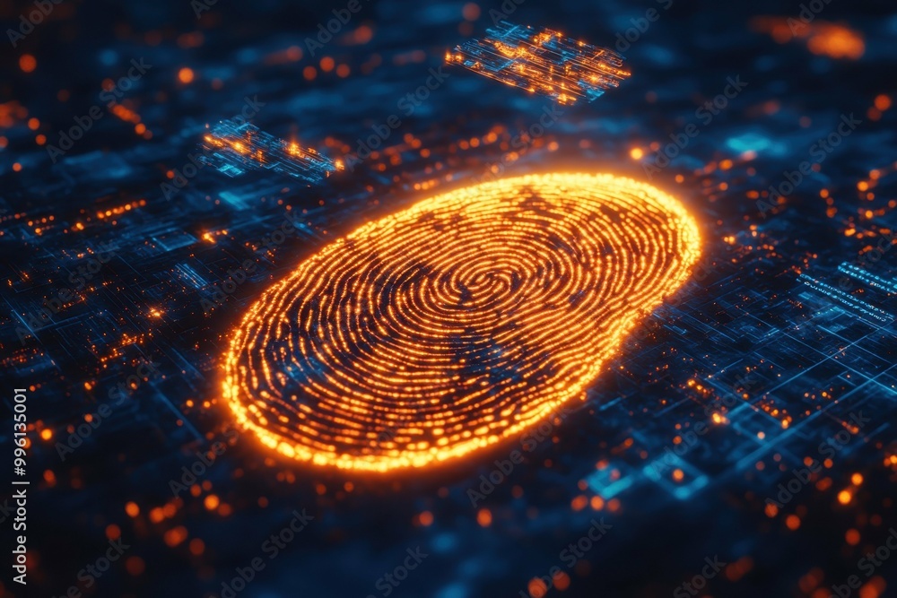 Aufkleber a large glowing fingerprint hovering over a digital interface symbolizing the personal authorization