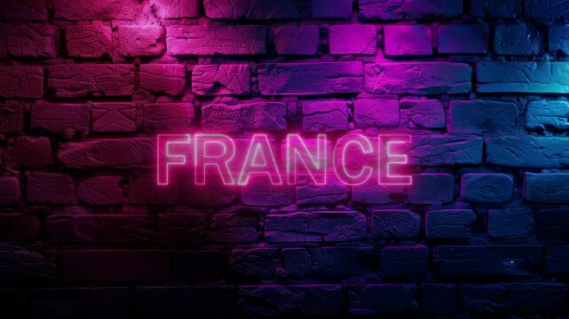 Video footage of Pink glowing France text, typography neon on brick wall background. Looped Neon abstract Lines.