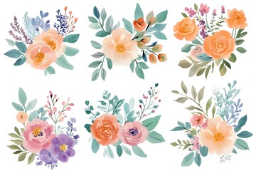 Obraz premium Set of watercolor flower bouquets, clipart isolated on a white background, in pastel colors,