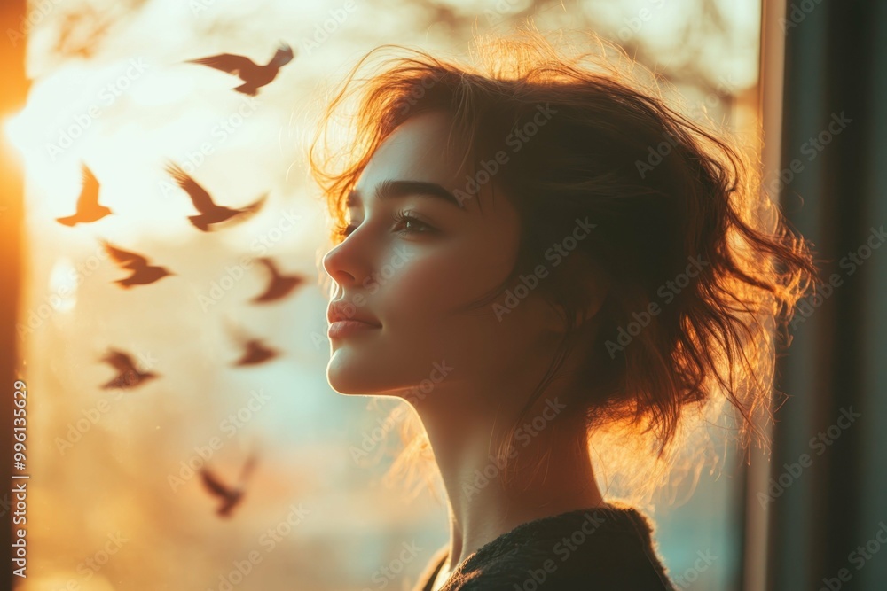 Aufkleber a person standing at a window gazing out with a thoughtful expression symbolizing the consideration 