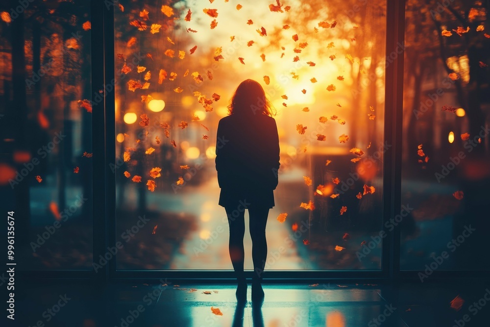 Poster a person standing at a window gazing out with a thoughtful expression symbolizing the consideration 