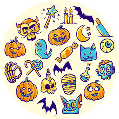 Halloween round composition. Spooky Montage, horror banner, illustration. A round image of Halloween decorations including pumpkins, skulls, bats, and other spooky items