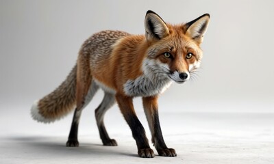Fototapeta premium A red fox on a white surface, curiously gazing at the camera