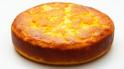 A round corn cake, baked at home, is a popular Brazilian treat.  This one was served at a June party and looks delicious against a white background.