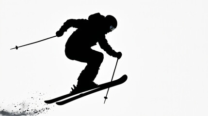 Silhouette of a Skier Mid-Jump on White Background