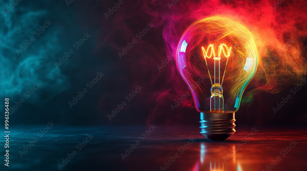 Wall mural simple light bulb with swirling colorful lines around it creates vibrant and dynamic atmosphere. int
