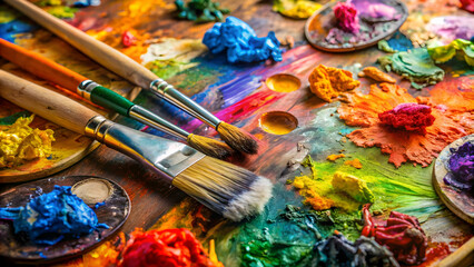 Fototapeta premium a close-up shot of a vibrant painting palette with various colors and tools, paint, art, palette, colors, artist, creativity