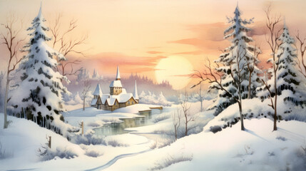 Obraz premium Watercolor of a snowy Christmas landscape