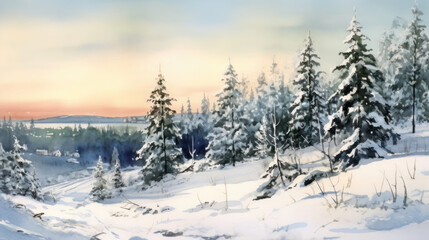 Fototapeta premium Watercolor of a snowy Christmas landscape