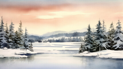 Watercolor of a snowy Christmas landscape