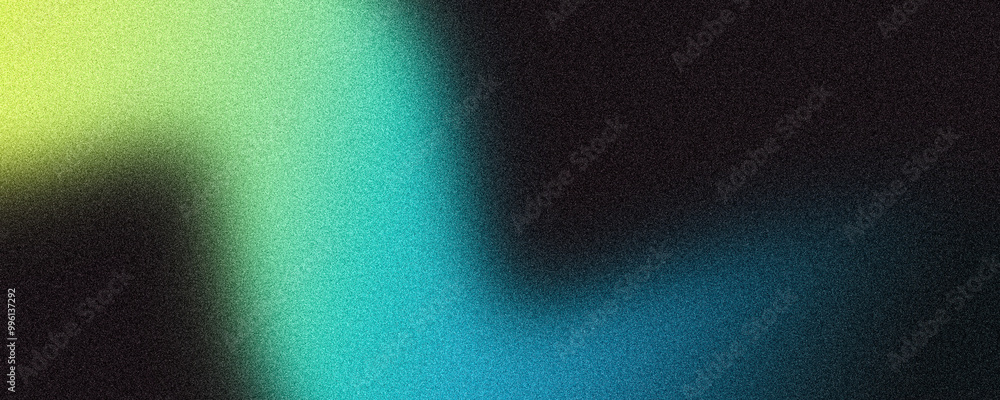 Wall mural abstract background, grainy yellow blue green color gradient shape, black backdrop noise texture ban
