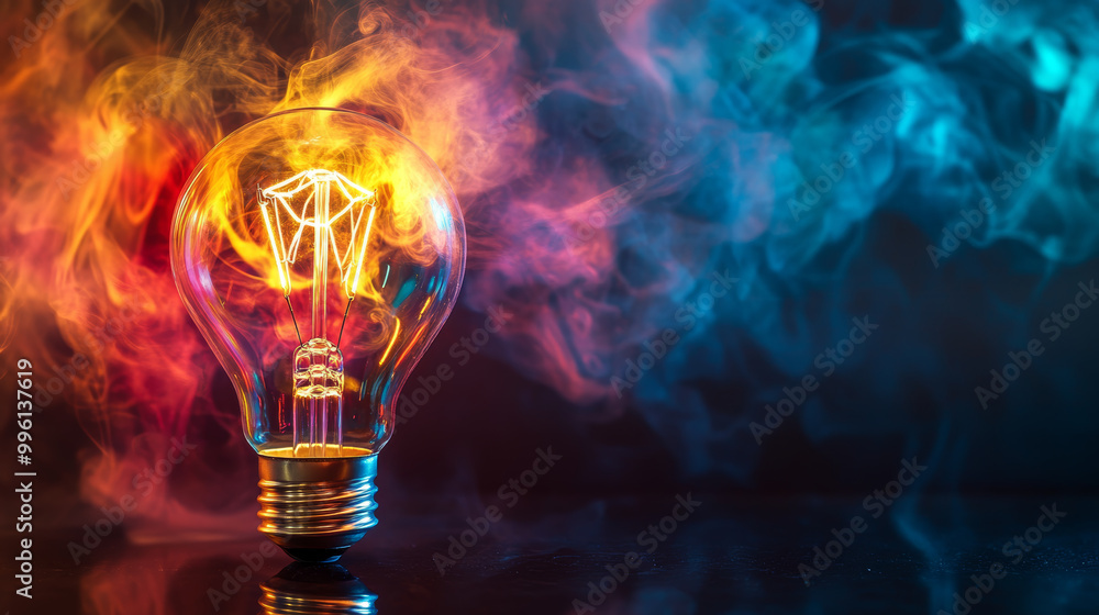 Canvas Prints glowing light bulb surrounded by swirling colorful smoke creates vibrant and dynamic atmosphere. int