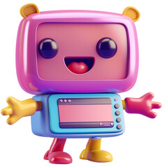 3D character icon of a full-body PC computer with arms and legs, holding a discount sign, cheerful expression