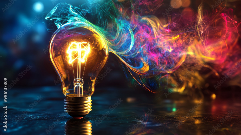 Poster glowing light bulb surrounded by swirling colorful lines creates vibrant and dynamic atmosphere. int