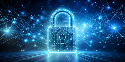 Padlock icon with digital data and network elements for cyber protection