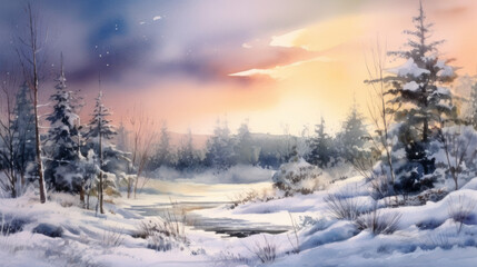Fototapeta premium Watercolor of a snowy Christmas landscape