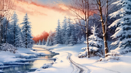 Fototapeta premium Watercolor of a snowy Christmas landscape