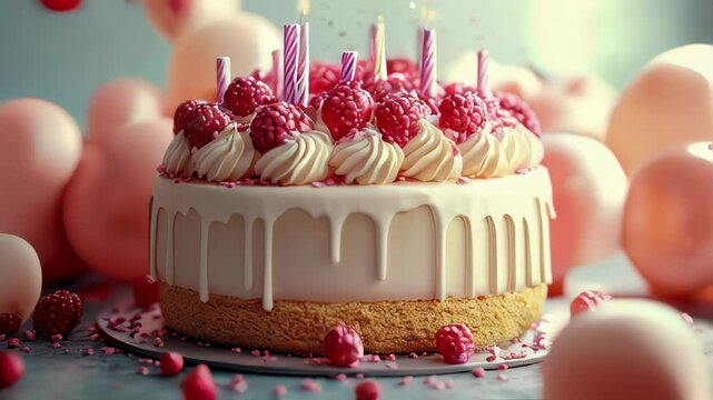 A festive birthday cake decorated with pink sprinkles and balloons in the background