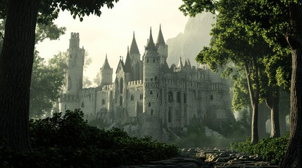 Obraz premium A Stone Castle Emerging from a Misty Forest